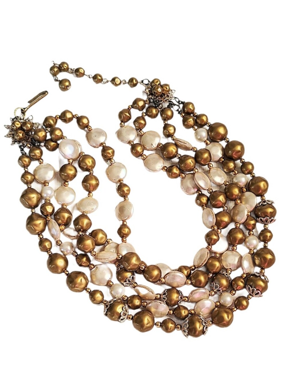 🆕Vintage 5 Strand Cream Bronze Baroque Pearl Bead Cluster Necklace West Germany